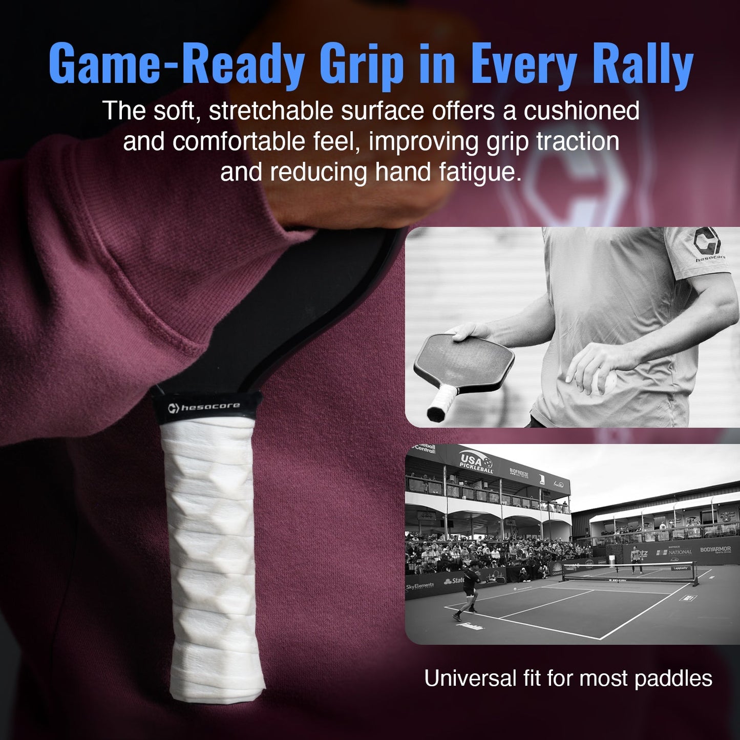 A closeup shows a person holding a paddle with a white grip, similar to the Hesacore Grip Hesatac Overgrip – Black (6 & 12 Pack). Insets show proper grip and an outdoor court. Text notes the overgrip's comfort and fit for most paddles.