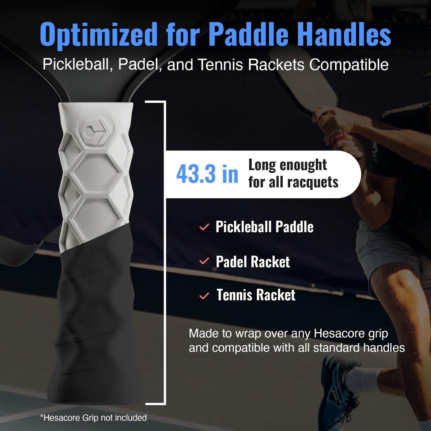On the left is the Hesacore Hesatac Overgrip – Black by Hesacore Grip, shown in black and white with hexagonal patterns. On the right, a person swings a racket. Text notes: moisture-absorbing, 43.3" for all racquets, works for pickleball overgrips.