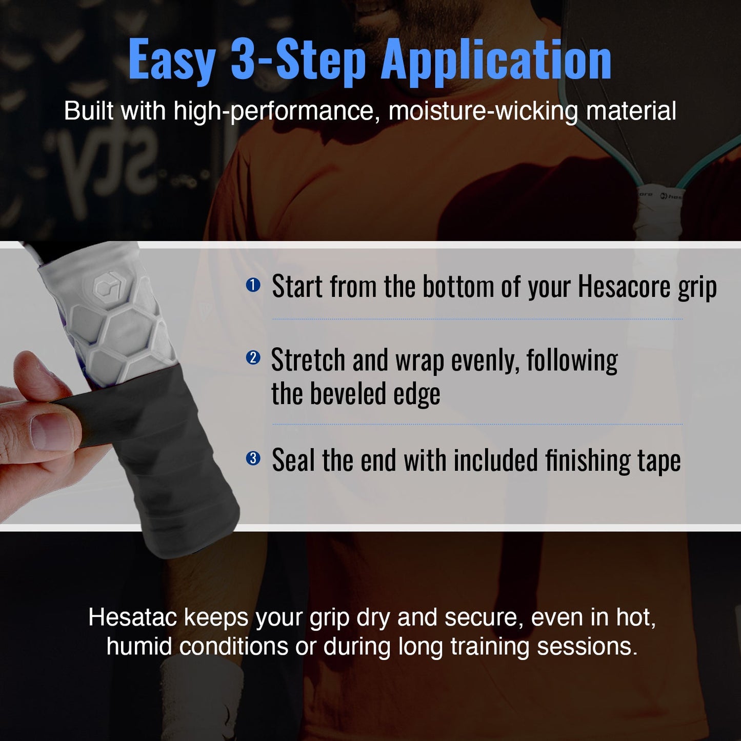 Image shows how to apply the Hesacore Hesatac Overgrip – Black (6 & 12 Pack) by Hesacore Grip: start at the base, stretch and wrap evenly, then seal. Text highlights its moisture-absorbing grip and secure hold for your racquet.
