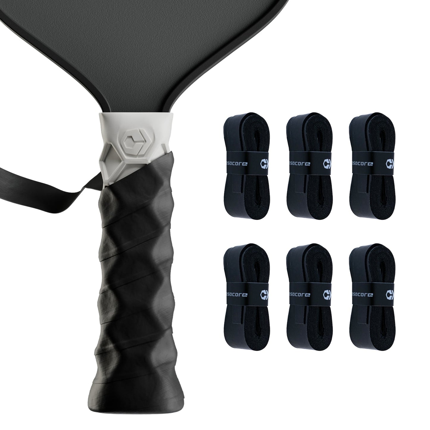 Close-up of a black and white paddle handle with a textured grip. Next to it, six Hesacore Grip Hesatac Overgrip – Black (6 Pack) rolls are neatly arranged in two rows, each wrapped with branded bands on a white background.