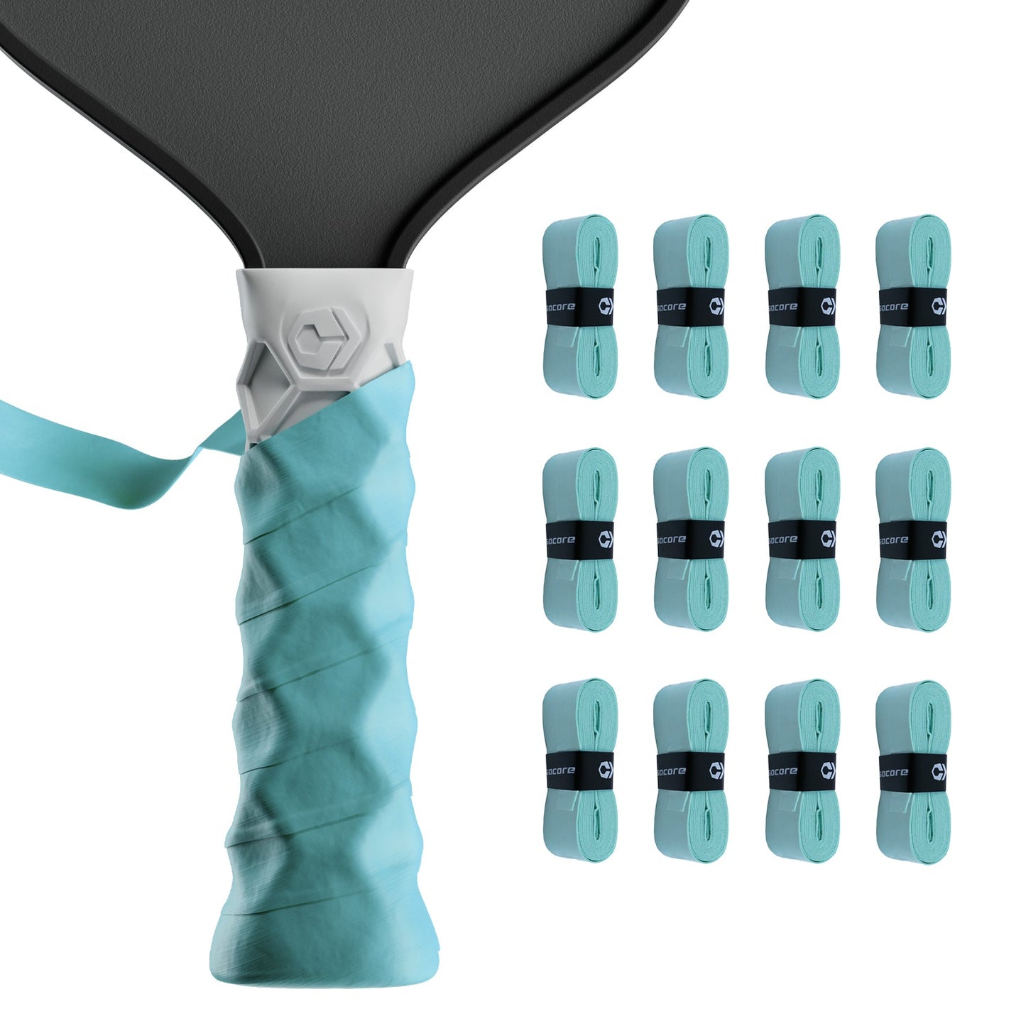 Close-up of a paddle handle wrapped in a Hesacore Hesatac Overgrip – Turquoise. To the right, twelve Hesacore Grip overgrips are rolled and arranged in rows, each secured with a black label featuring the white Hesacore logo.