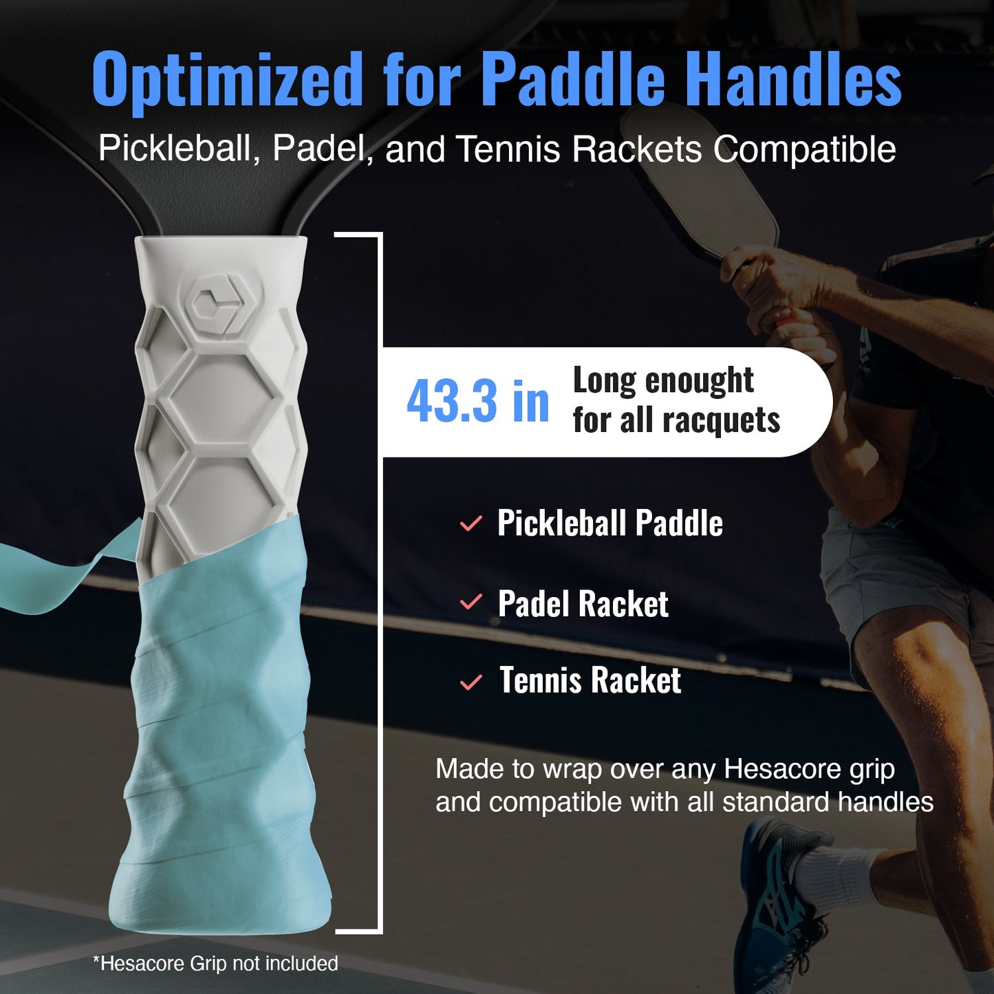 A turquoise and white Hesacore Hesatac Overgrip by Hesacore Grip is shown, featuring a hexagonal pattern. It’s 43.3 inches long and fits standard racquet handles for pickleball, padel, and tennis. Great for moisture-wicking grip.