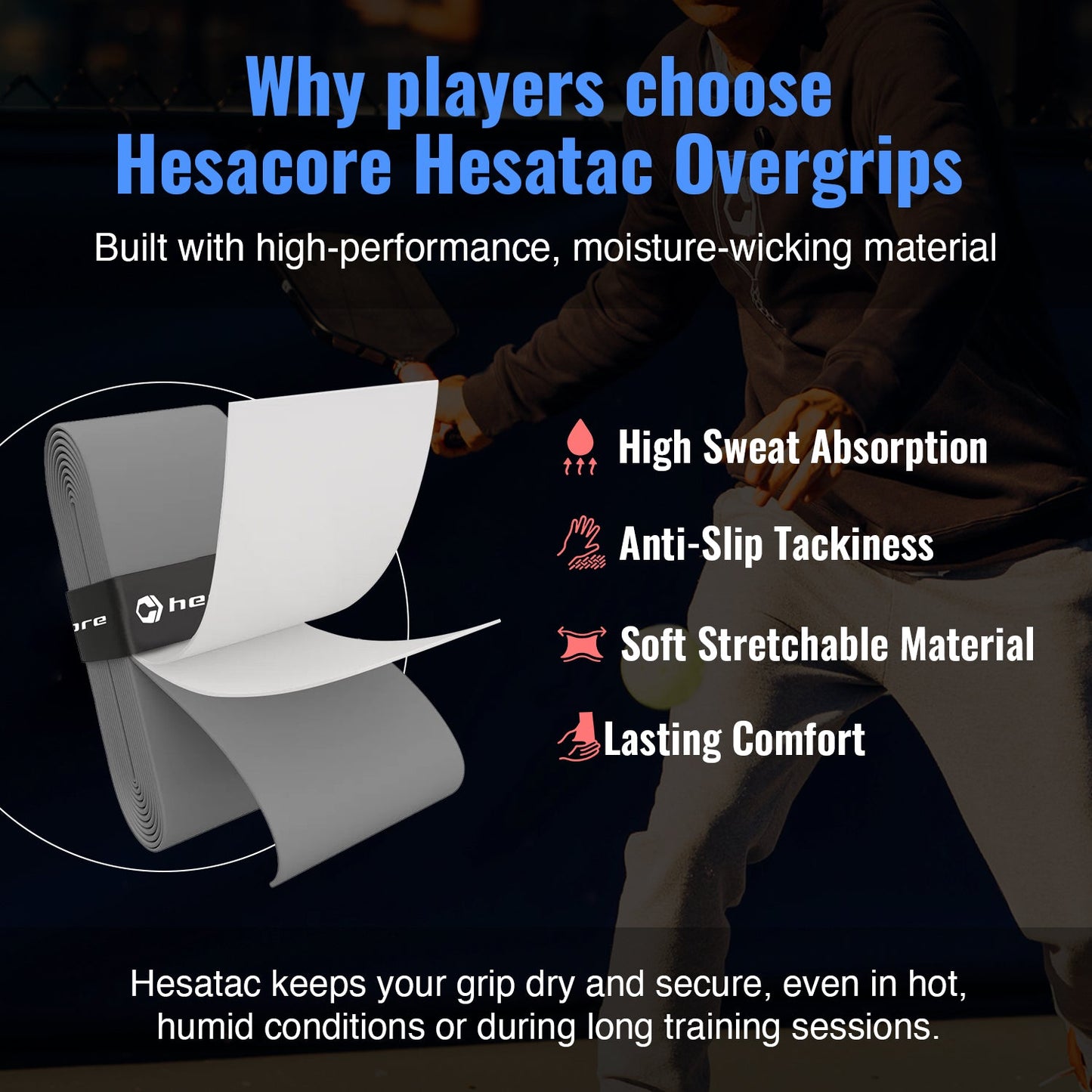 A Hesacore Grip promo image showcases the Hesacore Hesatac Overgrip – Turquoise (6 & 12 Pack) being wrapped. Text highlights high sweat absorption, anti-slip tackiness, soft stretchable feel, lasting comfort, with icons and dark blue background.
