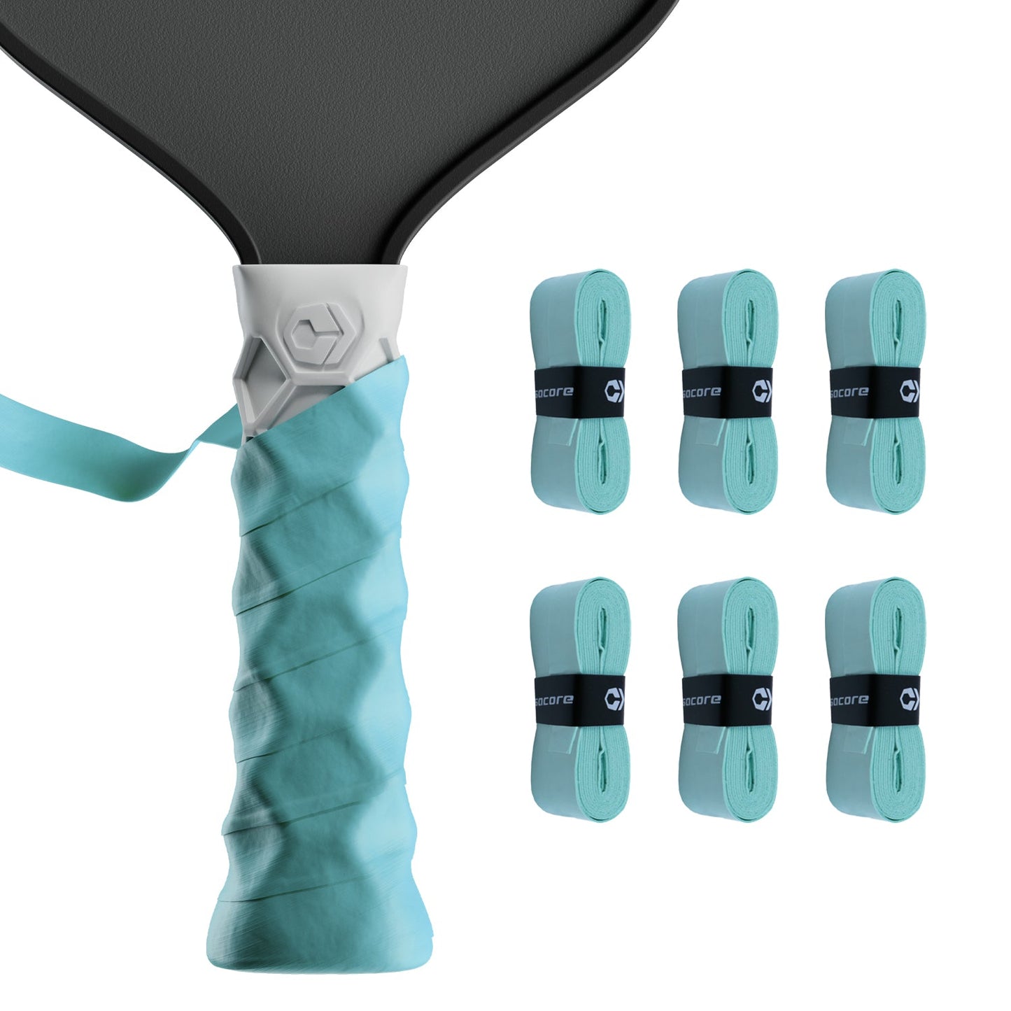 Close-up of a black and white paddle handle wrapped in a Hesacore Grip Hesatac Overgrip – Turquoise, with six additional moisture-wicking grips (6 Pack) displayed to the right, each secured with a branded black band.