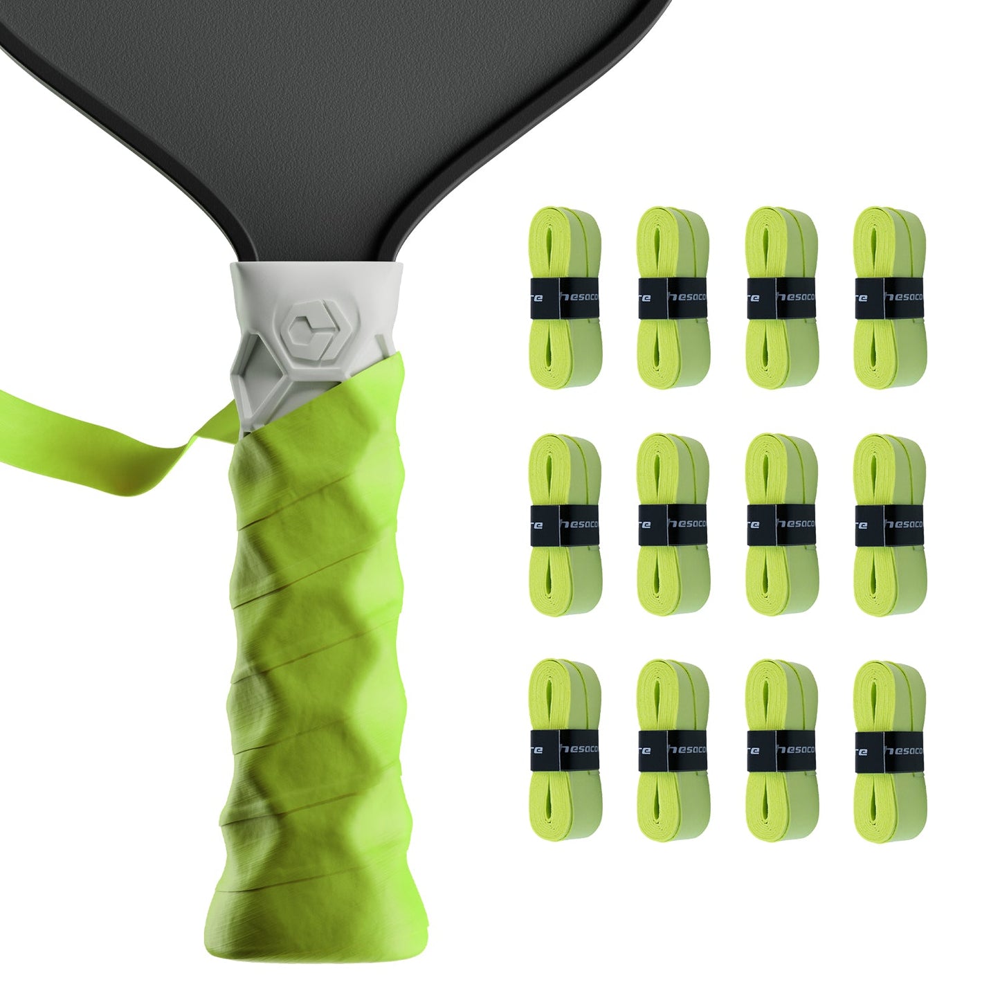 A close-up of a Hesacore Grip Hesatac Overgrip – Neon Green (12 Pack) paddle with a yellow sweat-absorbing grip wrap. Next to it are twelve rolled overgrips, each secured with a black band labeled in white, on a plain white background.