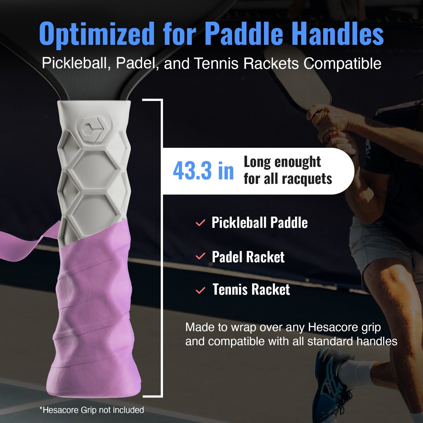A close-up of the Hesacore Hesatac Overgrip – Pink by Hesacore Grip shows its white, purple, and pink hexagonal design. Text notes it's moisture-wicking and fits all racquets: “43.3 in long enough for all racquets.” A tennis player is blurred in the background.