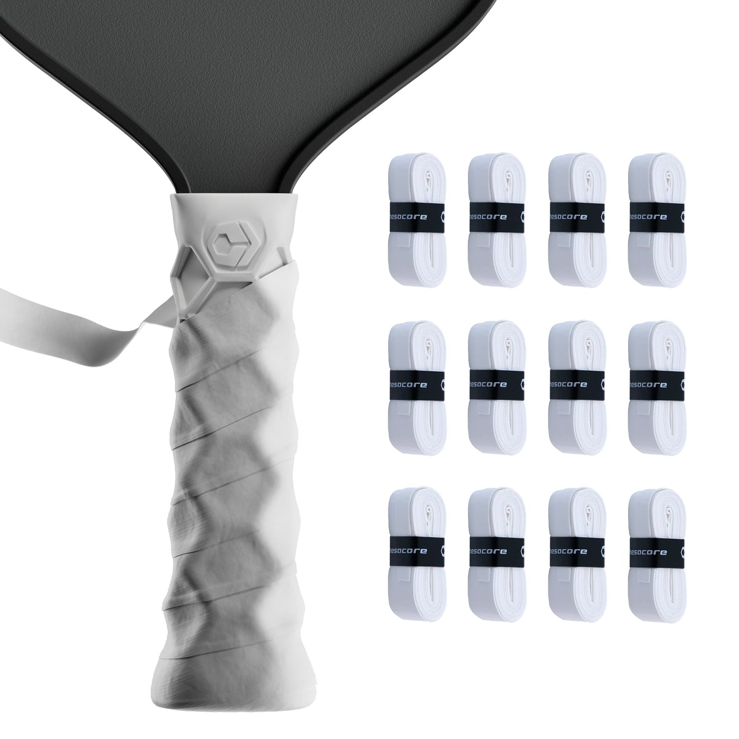 Close-up of a Hesacore Grip Hesatac Overgrip – White, wrapped on a paddle handle. At right, 12 white overgrips from the 12 Pack are neatly rolled with black "aocore" bands in rows on a white background.