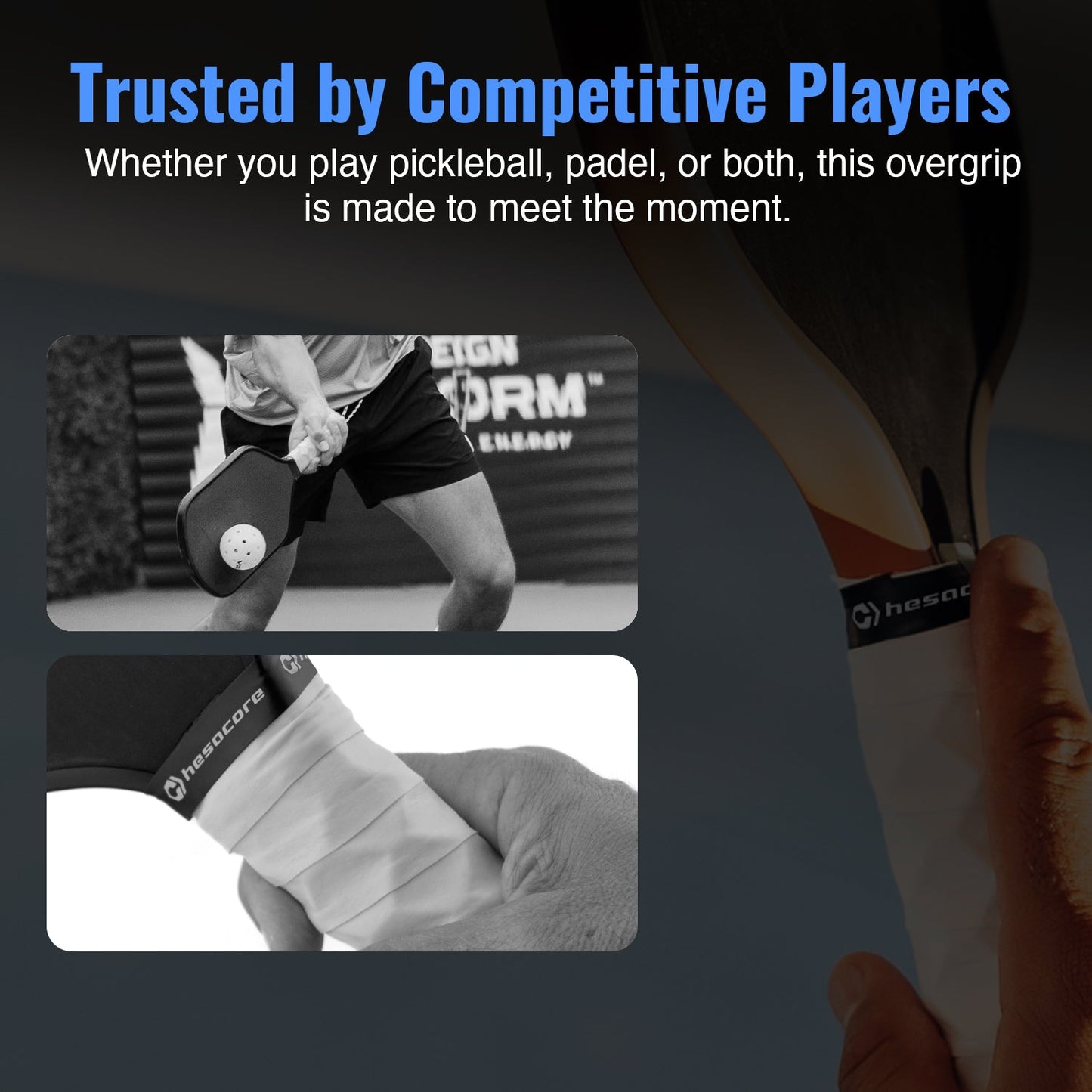 A promo graphic for Hesacore Grip shows hands with the Hesacore Hesatac Overgrip – White (6 & 12 Pack). Blue and white text says: Trusted by Competitive Players—this pickleball grip is made to meet the moment.