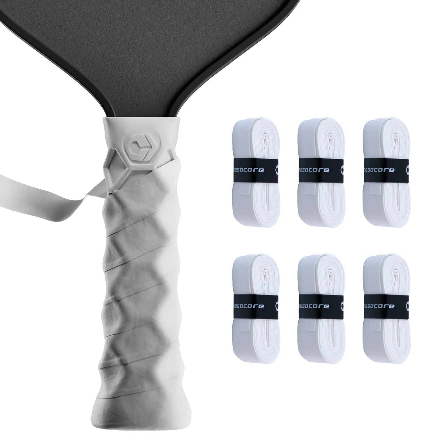 A close-up of a Hesacore Grip Hesatac Overgrip – White (6 Pack) paddle handle, shown with six rolled replacement grips, each secured with a black basecore band, on a plain white background.