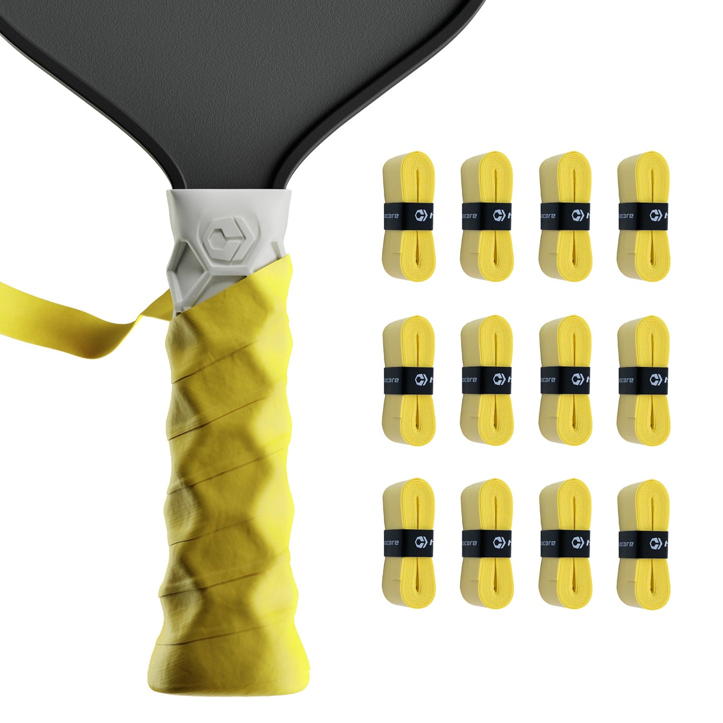 On the left is a Hesacore Grip Hesatac Overgrip – Yellow on a pickleball paddle handle; on the right, twelve sweat-absorbing Hesacore grips, each with a black band, are arranged in a 3x4 grid on white.