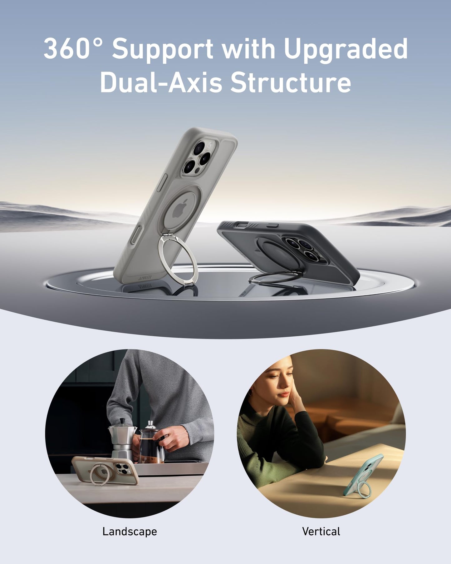 The Anker MagGo Magnetic Case with Stand (360° Ring Stand) features powerful magnets and a 360° ring stand to support your phone upright in landscape or portrait modes. Text reads, “360° Support with Upgraded Dual-Axis Structure.” Insets show it in use.