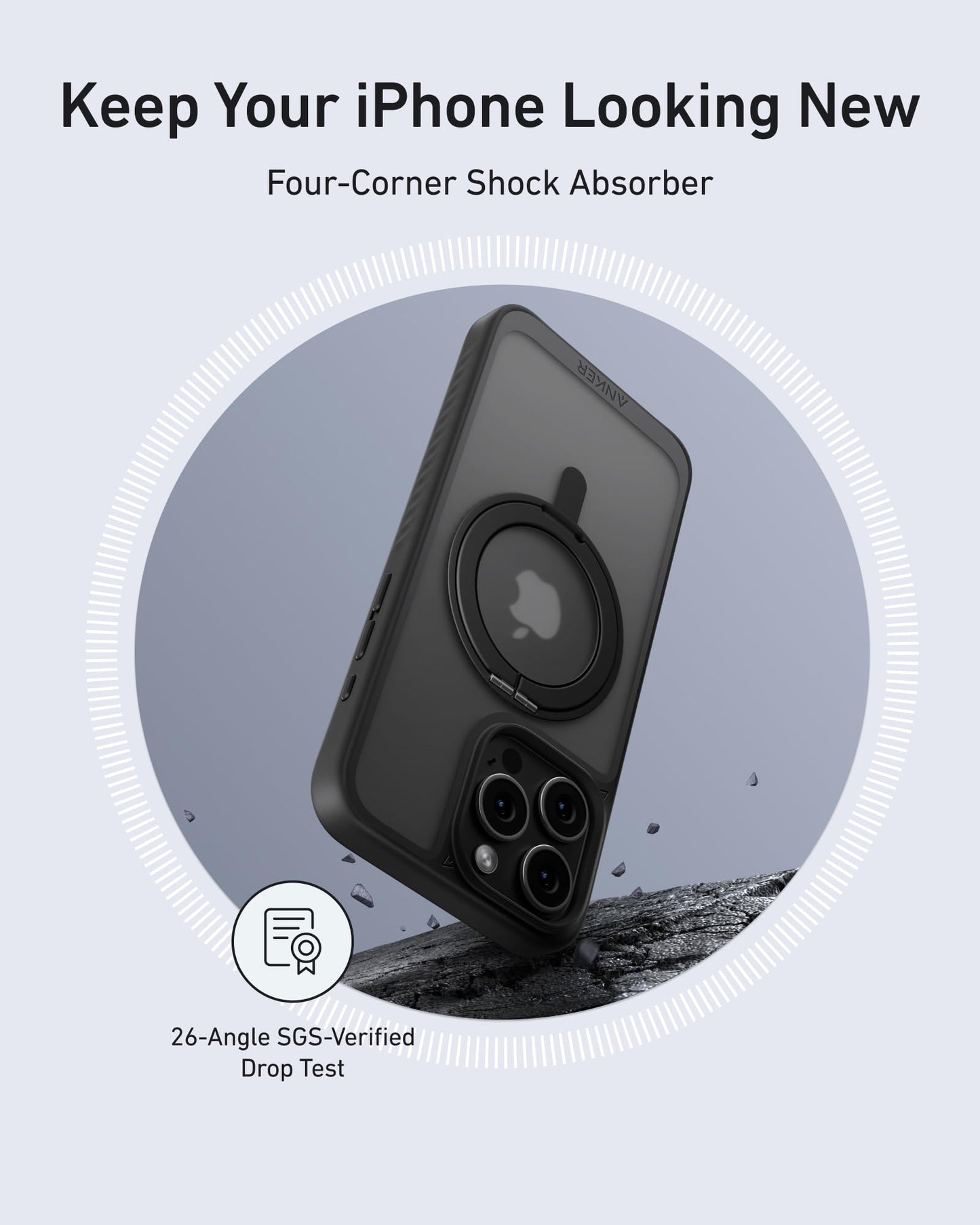 A black iPhone in the Anker MagGo Magnetic Case with Stand (360° Ring Stand) is displayed diagonally above rocks, highlighting four-corner shock absorbers. Text reads Keep Your iPhone Looking New and 26-Angle SGS-Verified Drop Test with a shield icon.