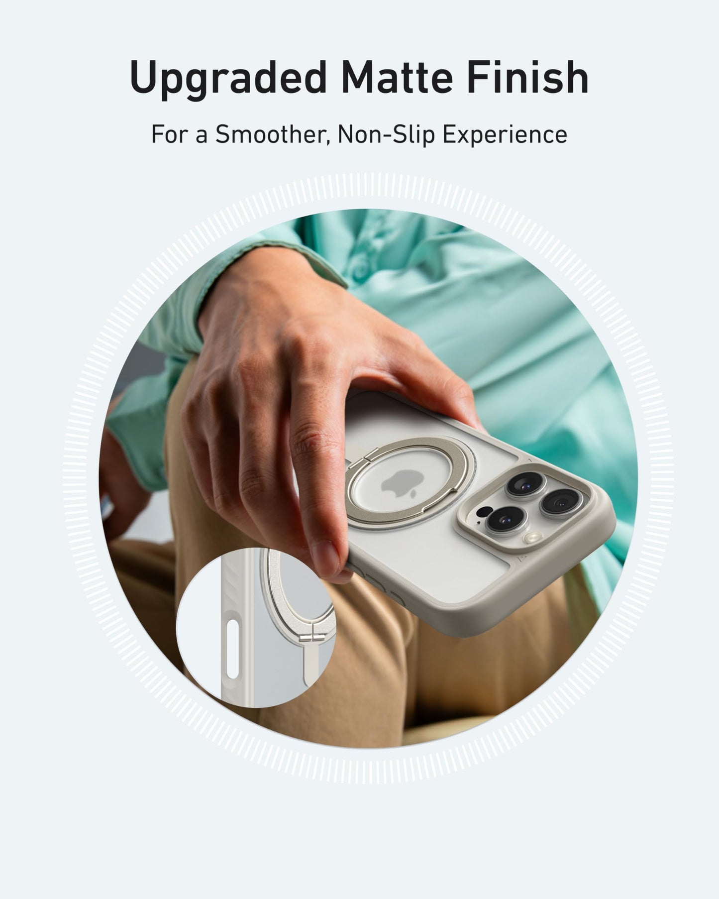 A person in a teal shirt and tan pants holds an iPhone with an Anker MagGo Magnetic Case with Stand (360° Ring Stand), showcasing its upgraded matte finish, non-slip texture, and precise magnet cutout for secure use.