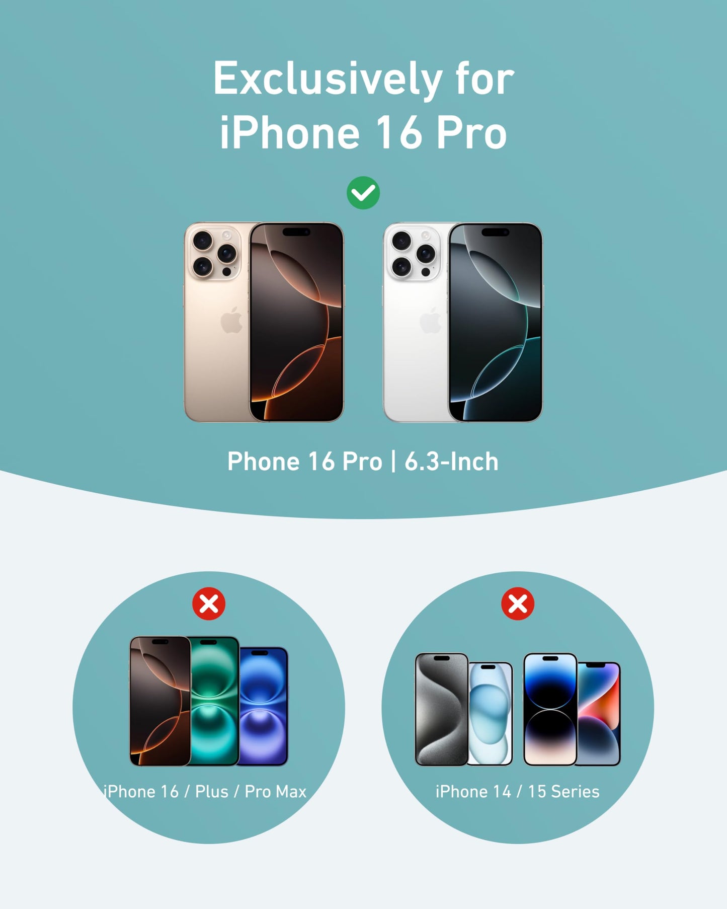 Infographic with a green check mark highlights two iPhone 16 Pro models (6.3-inch), labeled “Exclusively for iPhone 16 Pro.” Features Anker MagGo Magnetic Case with Stand (360° Ring Stand). Other iPhone models are crossed out for clarity.
