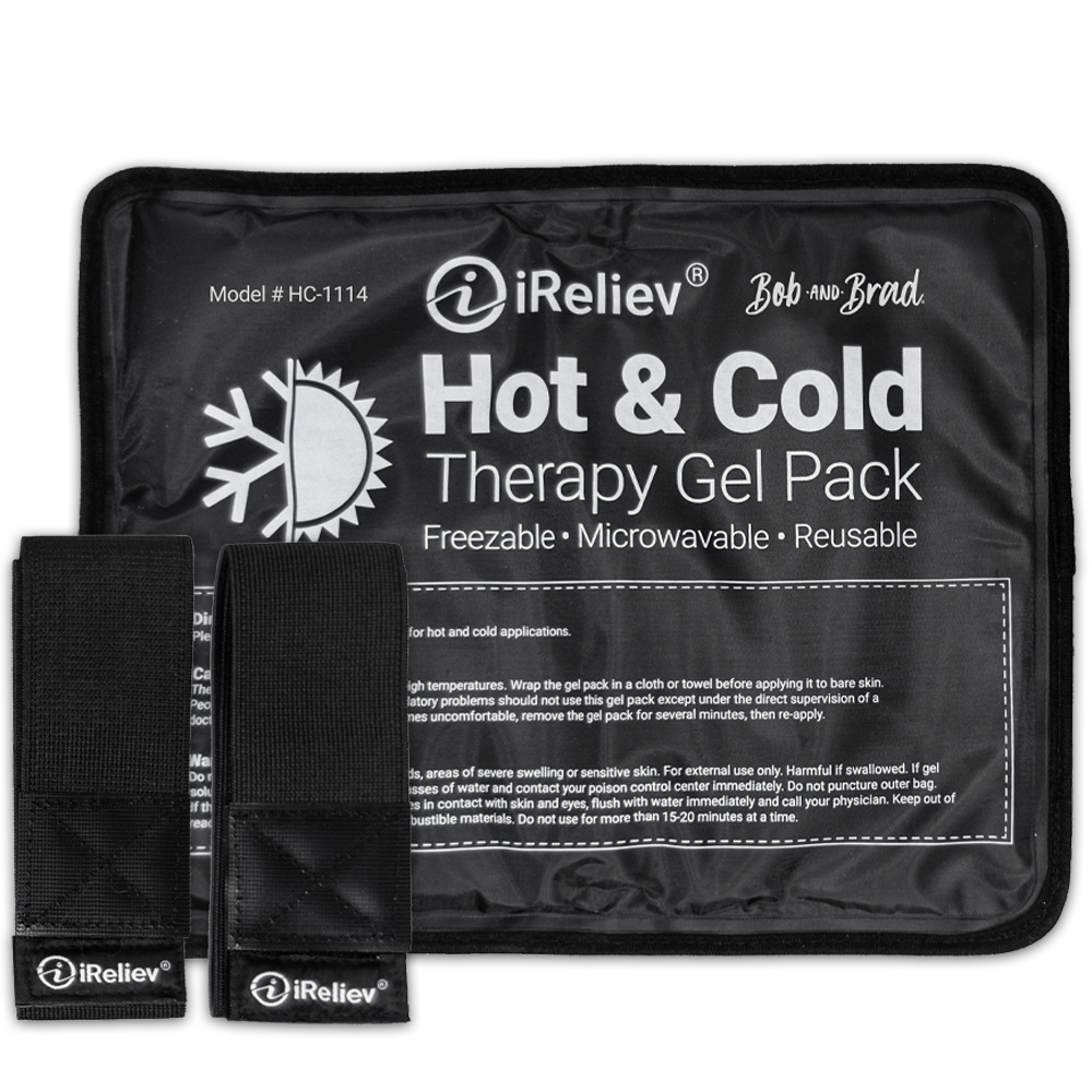The iReliev Premium Reusable Hot and Cold Therapy Gel Pack has white sun and snowflake graphics for heat or cold pain relief, plus two black fabric Velcro straps with iReliev logos for secure placement.
