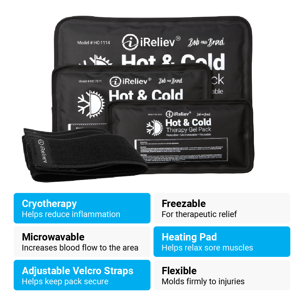 Three black iReliev Premium Reusable Hot and Cold Therapy Gel Packs in various sizes with adjustable straps. Features listed on blue and orange boxes: heat therapy, microwaveable, pain relief, cryotherapy, freezable, flexible.