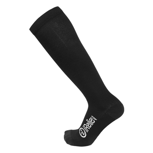 A single black iReliev Bamboo Anti-Fatigue Compression Sock is displayed on a white background, featuring a simple design with "iReliev" and a circular logo in white near the toe, as worn on the left foot.