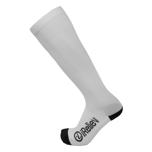 A single iReliev Bamboo Anti-Fatigue Compression Sock in white with black toe and heel is shown angled on a white background. “eZRelief” appears in black on the sole, highlighting its medical-grade support design.