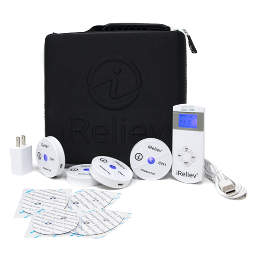 A black iReliev carrying case is shown behind components of the Therapeutic Wearable System: a white control unit, four wireless pods, electrode pads, USB charging cable, and wall adapter featuring advanced TENS technology.