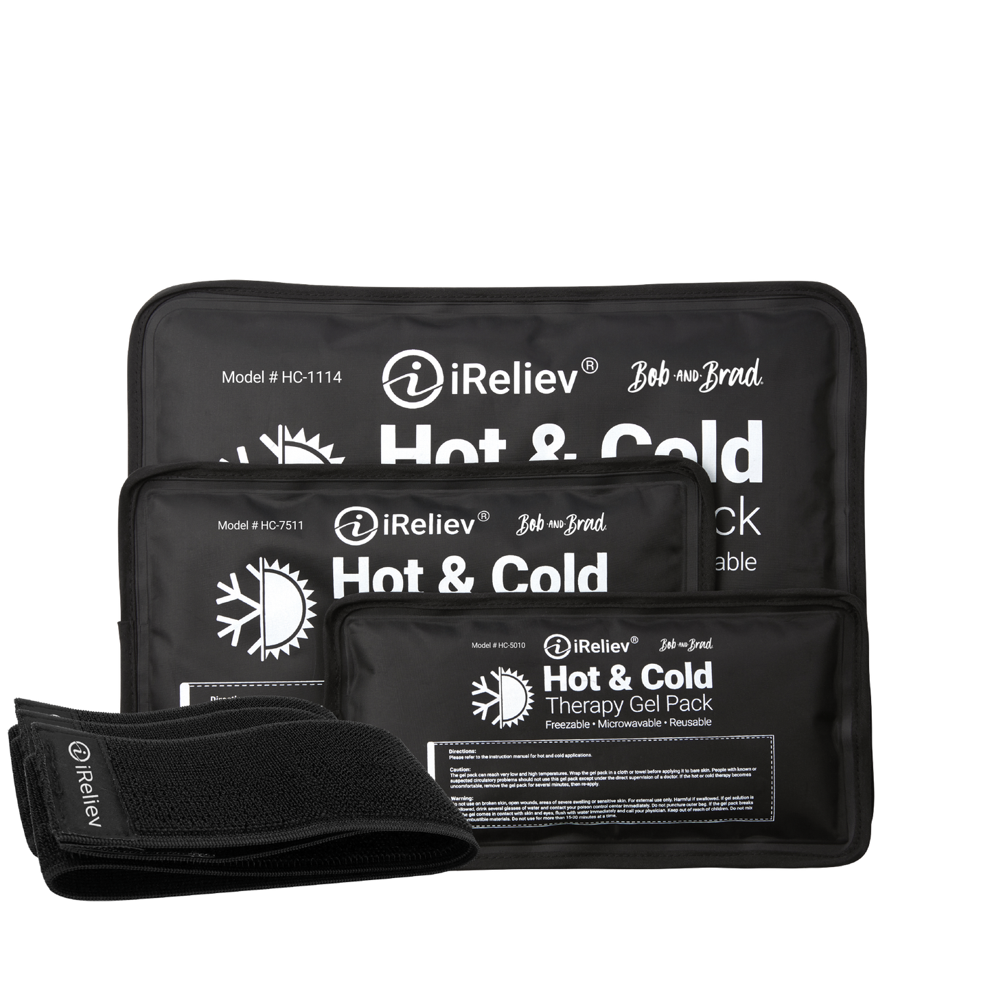Three black rectangular iReliev Premium Reusable Hot and Cold Therapy Gel Packs with Securement Straps of various sizes are shown upright and overlapping, each featuring white icons for therapy, against a white background.