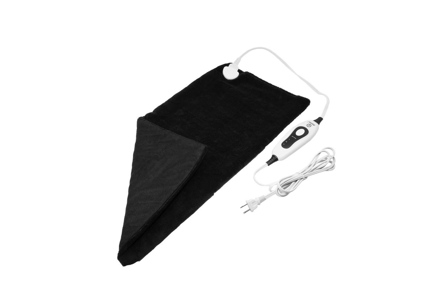 The iReliev Ultra-Soft Heating Pad is a black electric pad with a foldable corner, attached to a long white two-prong power cord and digital controller with buttons and display. Ideal for heat therapy and pain relief.
