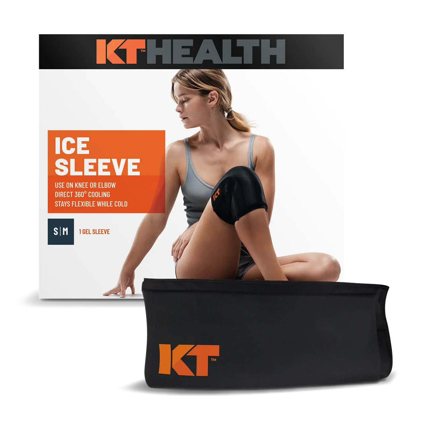 A woman in a gray sports outfit sits with her right knee bent, wearing a black KT Health Ice Sleeve by KT Tape. Behind her is the sleeve’s box, and in front, a black KT Ice Sleeve with an orange logo is displayed.