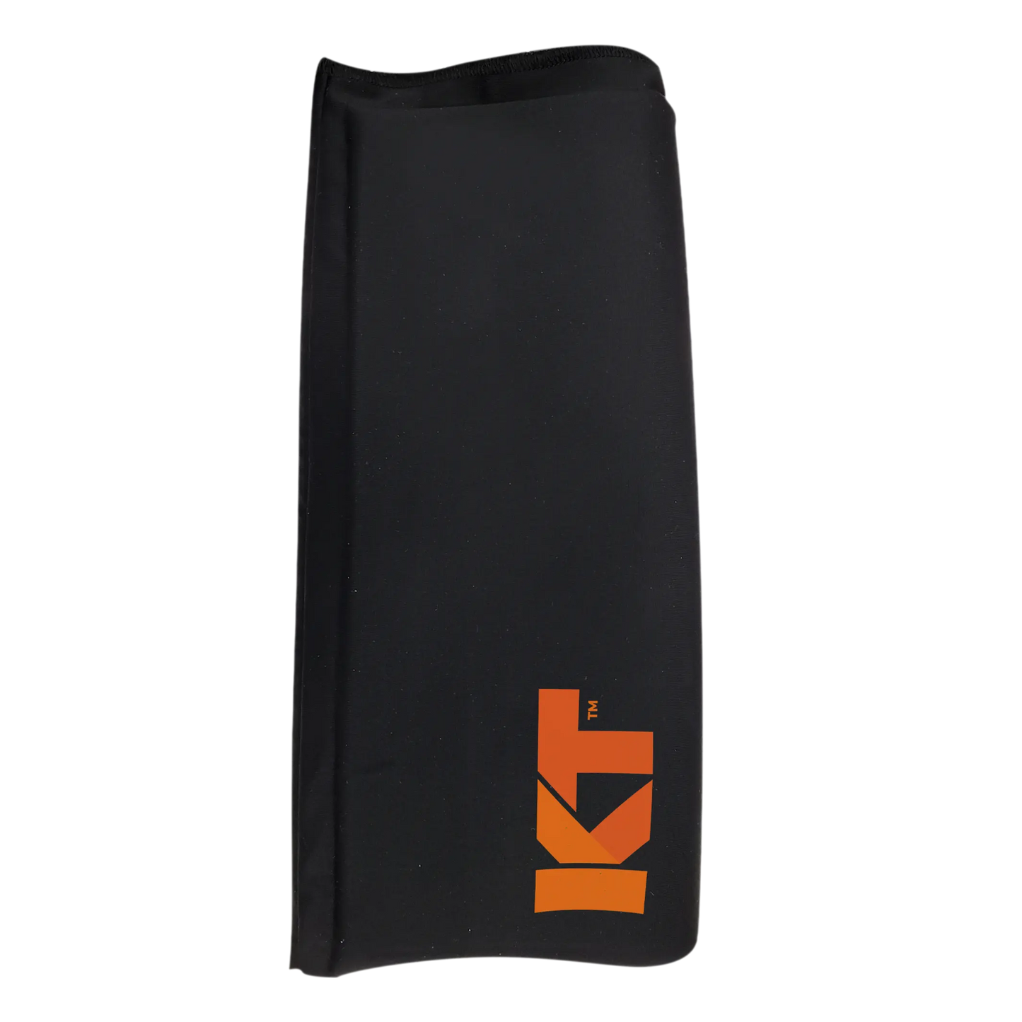 A black neoprene KT Health Ice Sleeve by KT Tape features a vertical left seam and an orange geometric KB logo with TM above the B in the lower right corner. Designed for compression on sore joints, it's shown on a plain white background.