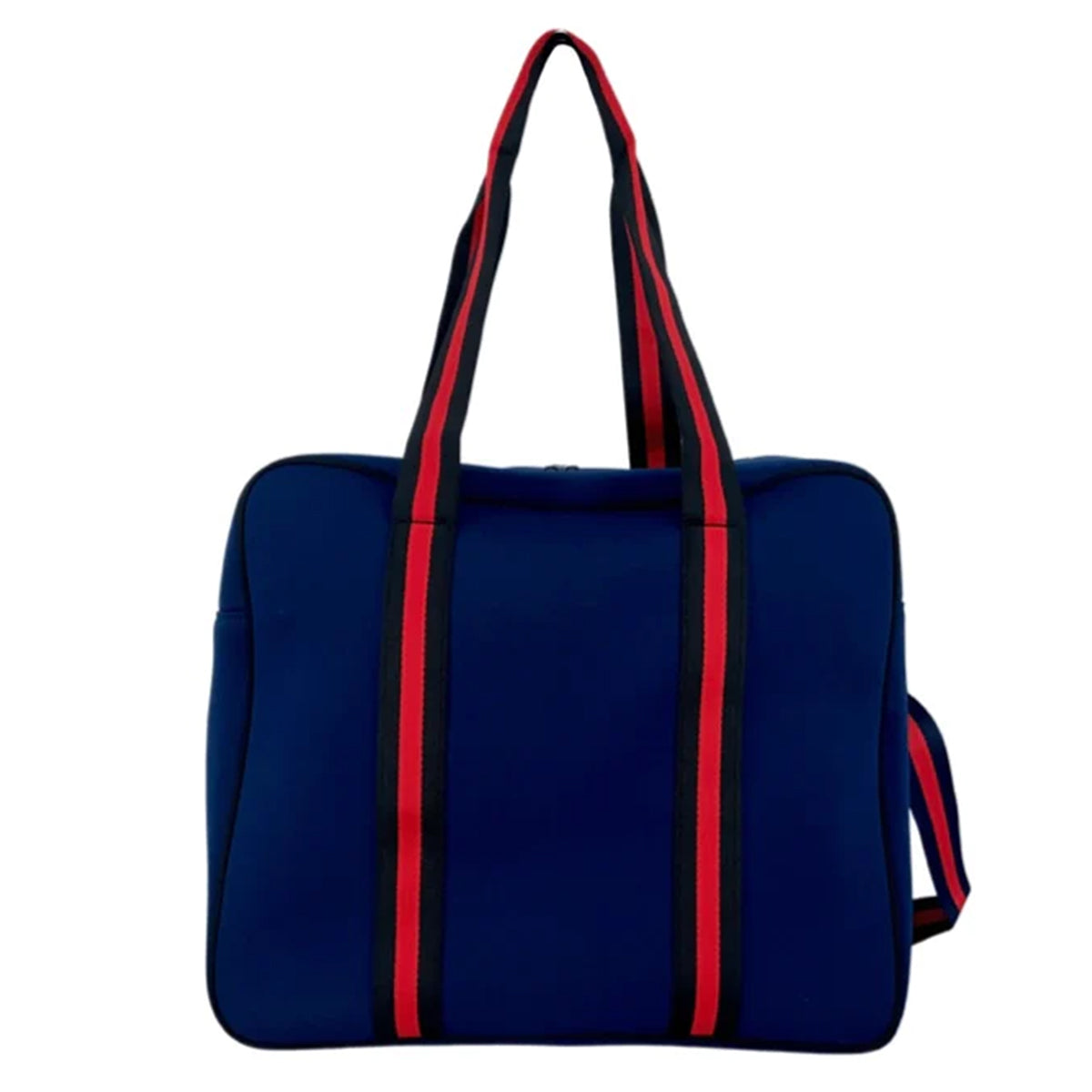 The Brooklyn Pickleball Bag by Queen of the Court is a large rectangular navy blue neoprene tote with wide black straps featuring red center stripes, a side handle, and a soft structure—ideal for your Brooklyn pickleball games.