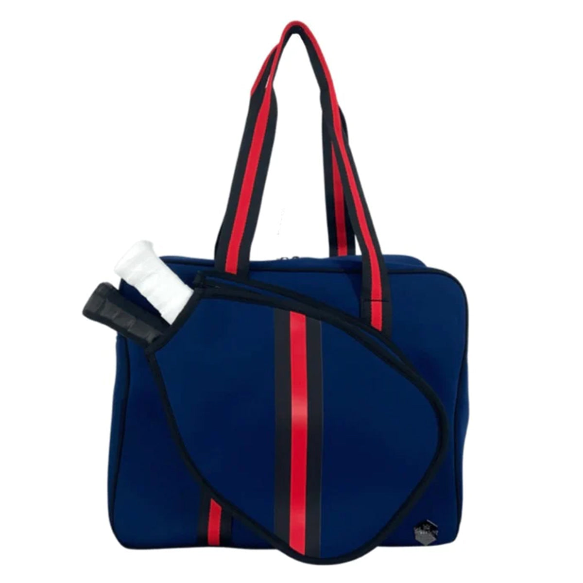 The Queen of the Court Brooklyn Pickleball Bag is a stylish blue bag featuring red and black striped handles and a matching front zip pocket, both accented with vertical stripes, with your paddle's white grip partially visible.