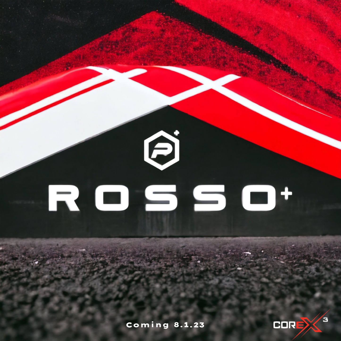 Abstract red, black, and white design featuring the bold white text "ROSSO+ COREx3" by Potenza Pickleball, a geometric logo above, "Coming 8.1.23" below, and a professional pickleball paddle with COREx3 technology in the bottom right corner.