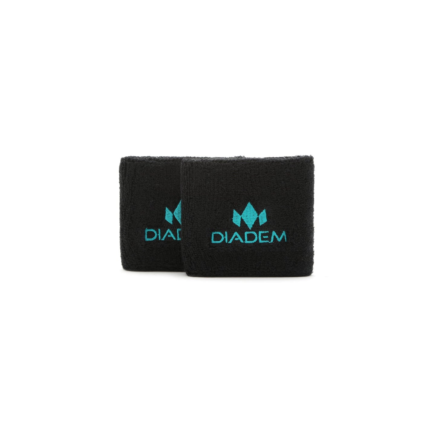 Diadem Sports' Diadem Logo Small Wristbands are black and absorbent, featuring the brand logo and a turquoise crown emblem embroidered side by side on each band.