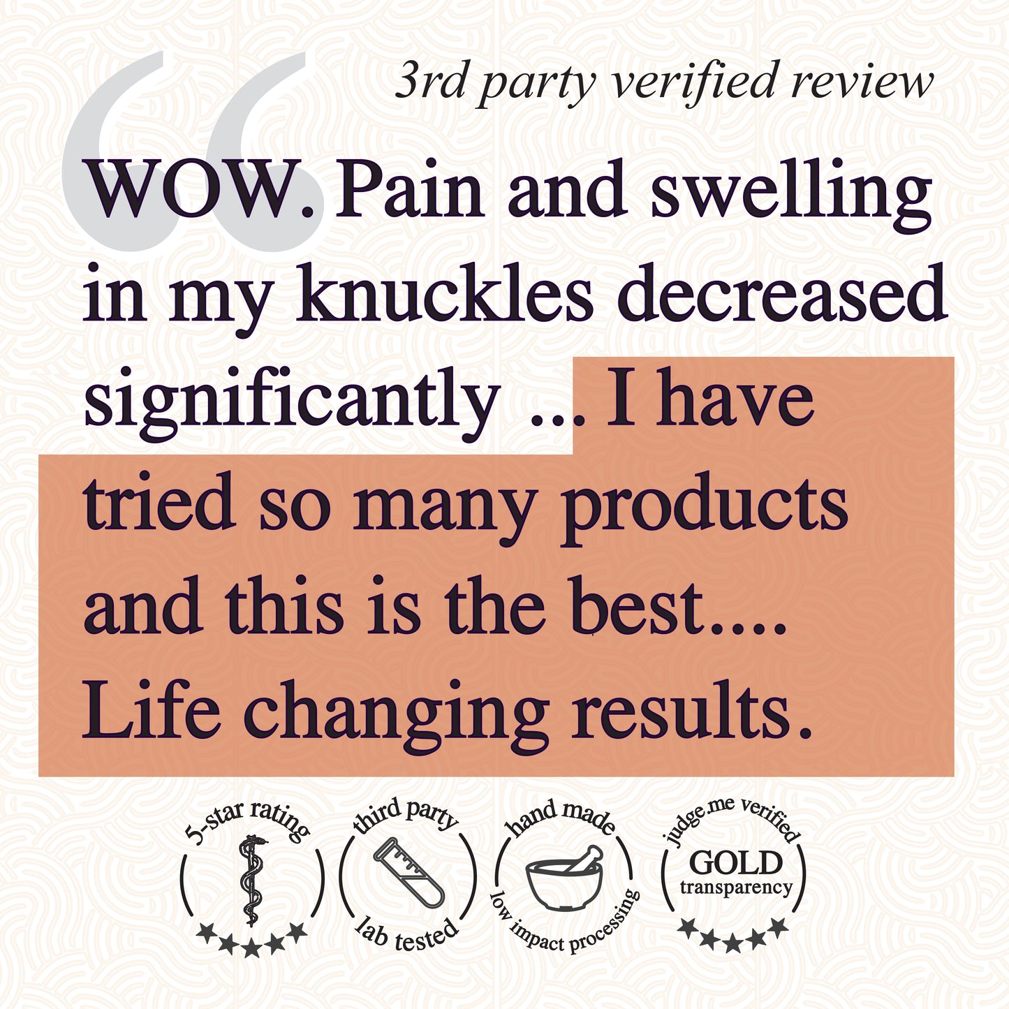 A graphic shows a 3rd-party review: “WOW. Pain and swelling in my knuckles decreased significantly... I have tried so many products, but this Roots Apothecary inflammation tincture is the best... Life changing results.” Icons: 5-star rating, lab tested, third party, hand made, low impact process, gold transparency.