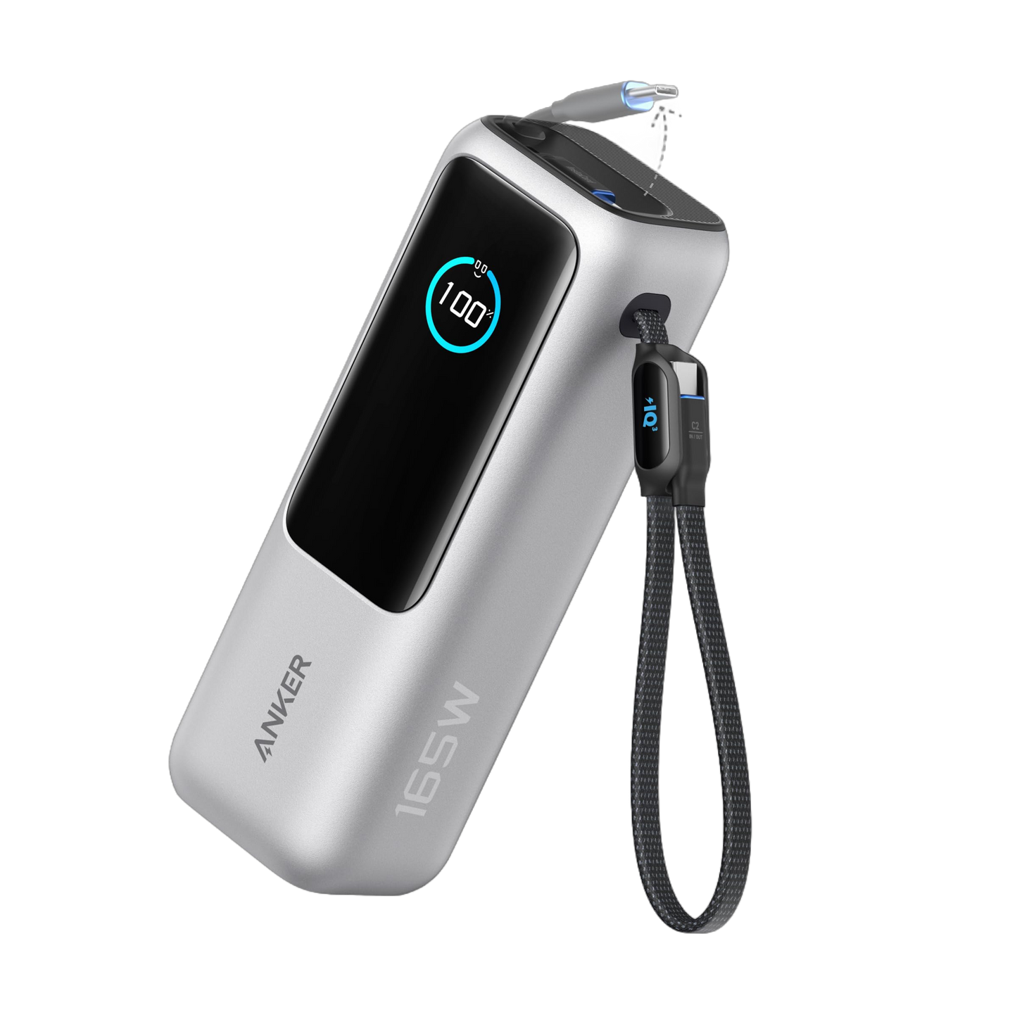 A silver Anker Laptop Power Bank (25K, 165W, Built-In and Retractable Cables) with a digital display at “100%”, black lanyard, and blue 100W USB-C cable plugged in is shown on a plain white background.