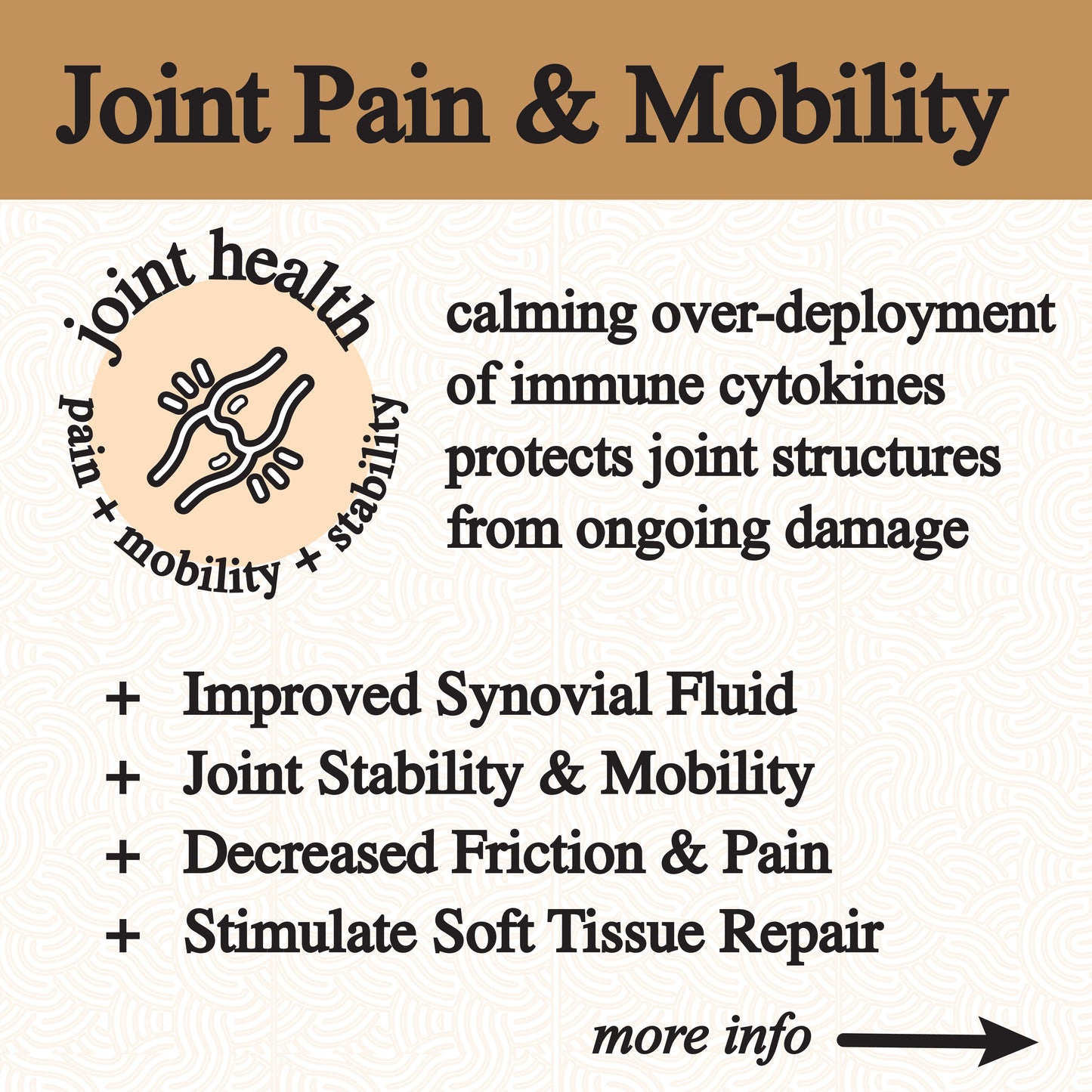 A graphic titled "Joint Pain & Mobility" features a stamp-like icon labeled "joint health: pain+mobility+stability" and spotlights Roots Apothecary’s inflammation tincture—an organic herbal blend that calms cytokines, eases pain, protects joints, and supports tissue repair.