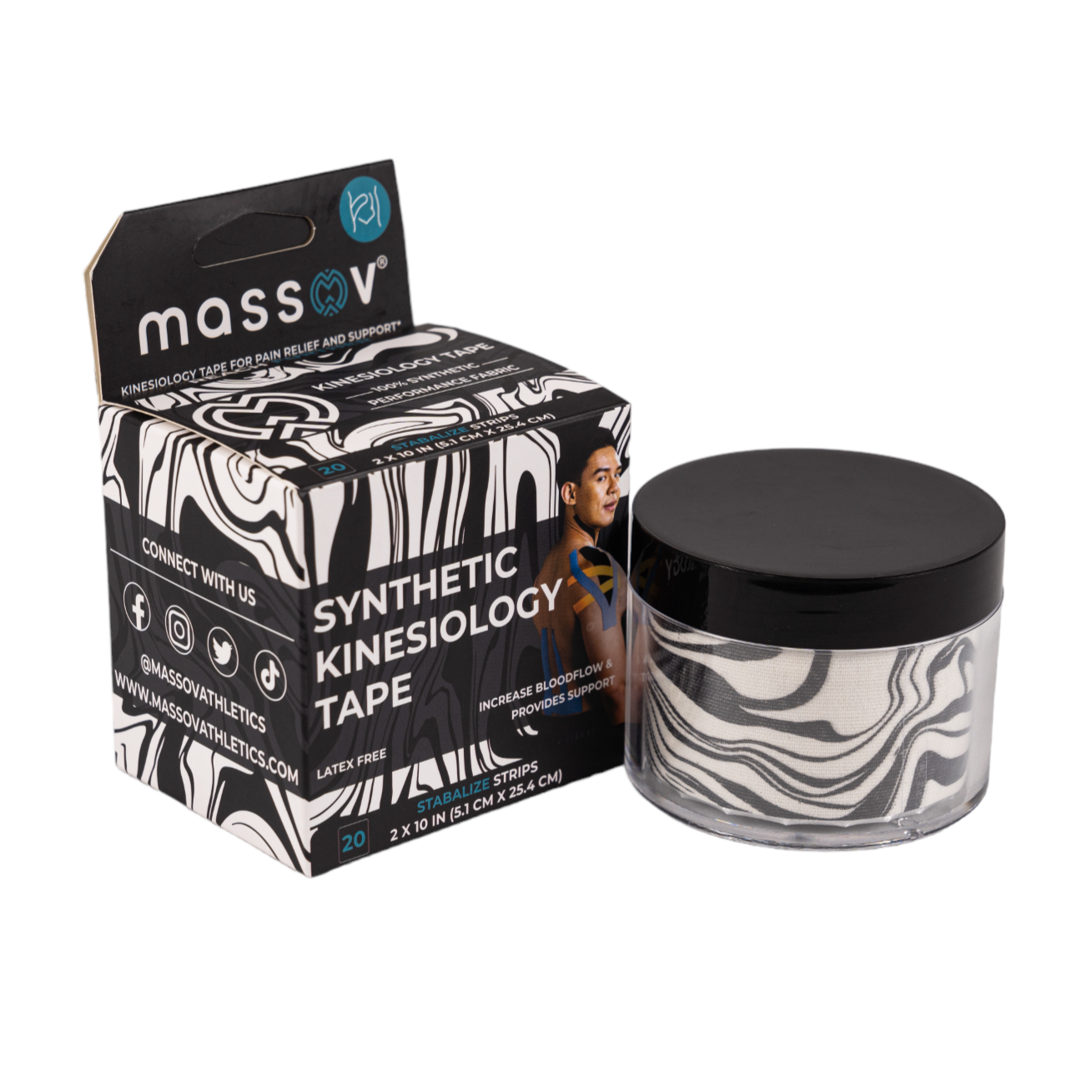 A box and clear jar of Massov Kinesiology Tape with a black and white wavy design, product info, and an image of taped arms. The jar's black lid reveals the tape's ultra-breathable design inside.