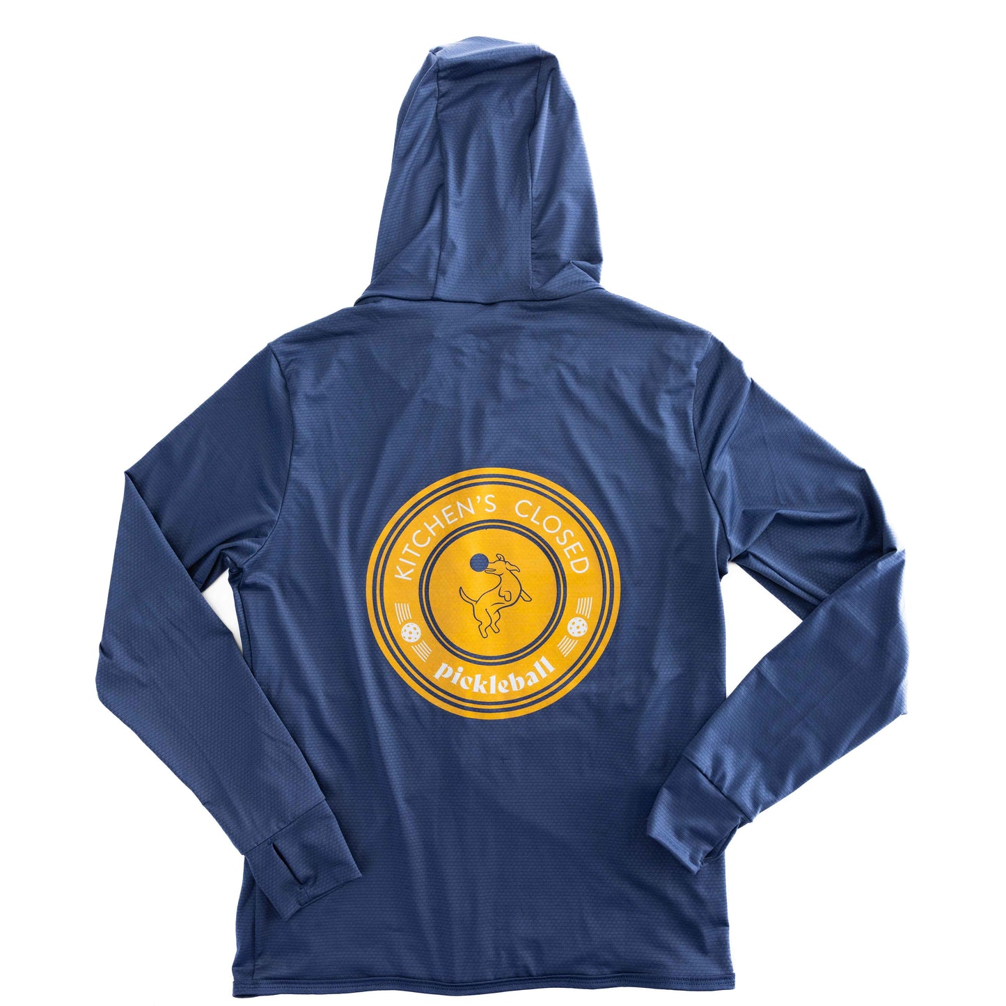 A Navy Zip-Front Sun Hoodie from Swinton Pickleball is displayed flat, featuring a large yellow circular emblem on the back with "KITCHENS CLOSED PICKLEBALL" and a stylized pickleball paddle and ball in the center.