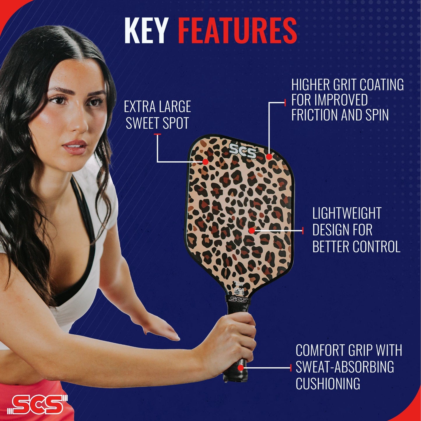 A woman holds the Leopard | Evo-Lite Series paddle by Salted City Sports, featuring an extra-large sweet spot, high-grit coating for spin, lightweight control, and comfort grip. USA Pickleball Approved. SCS logo is shown at the bottom.