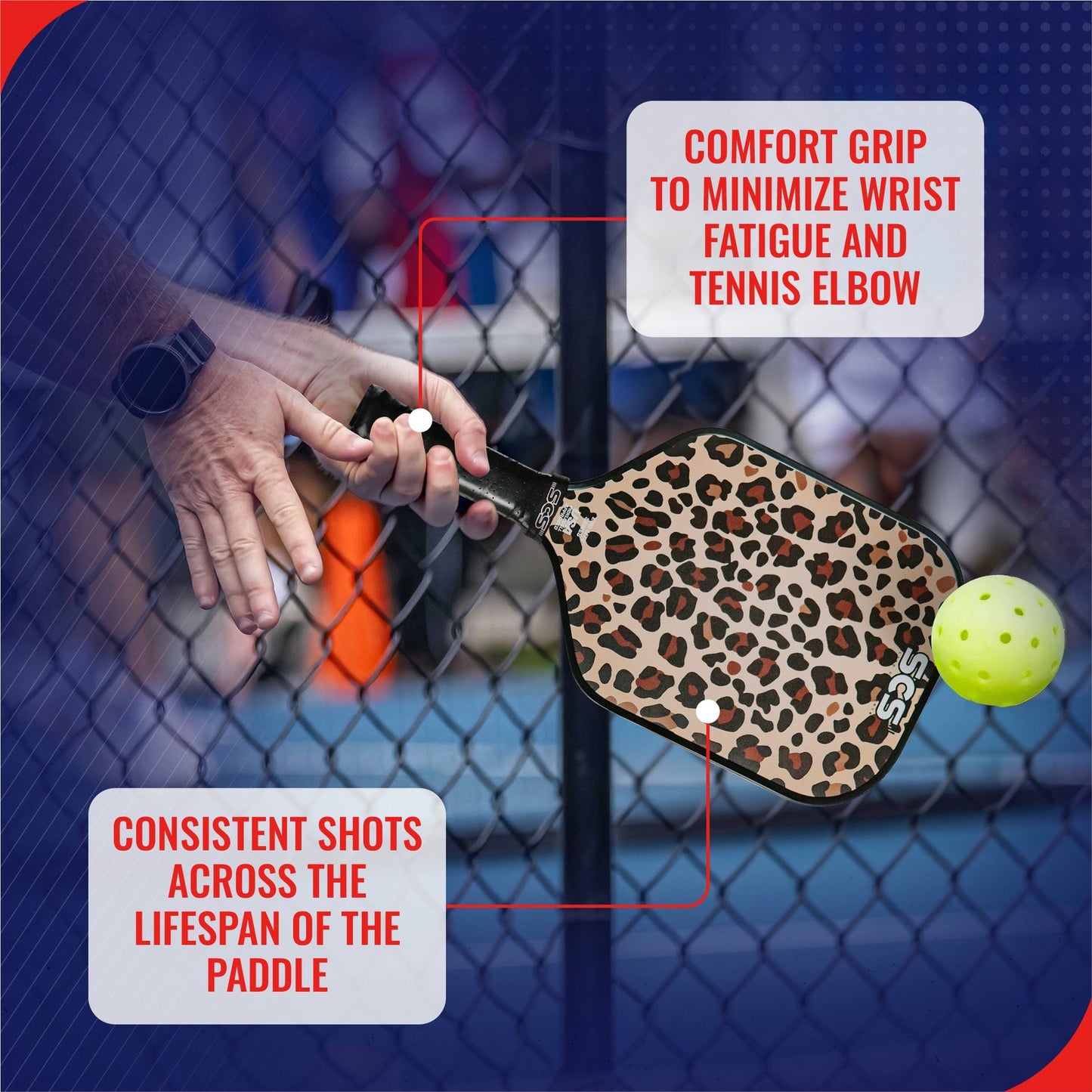 A hand grips the Salted City Sports Leopard | Evo-Lite Series Pickleball Paddle near a black chain-link fence, with a yellow pickleball nearby. Text highlights its comfort grip to reduce wrist fatigue and ensure consistent shots. USA Pickleball Approved.