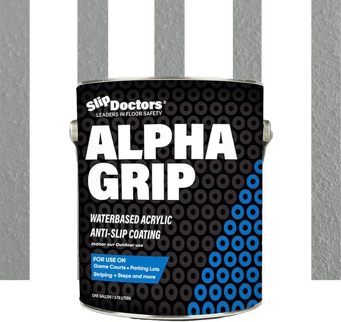 A large can labeled Alpha Grip Non-Slip Stripe and Athletic Court Paint by SlipDoctors, with black and blue circles, sits before a gray-striped background. It’s a water-based acrylic non-slip paint designed for asphalt surfaces.