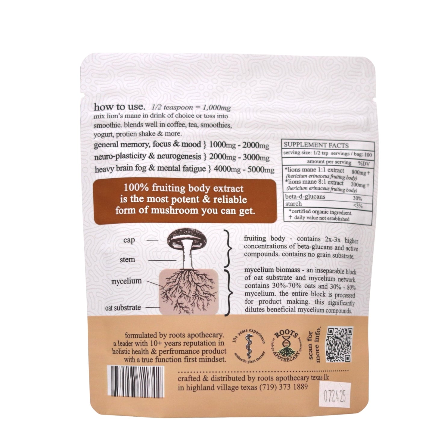 A white and beige pouch of Roots Apothecary lion's mane extract (organic) displays brain health benefits, usage instructions, supplement facts, 100% fruiting body info, a mushroom diagram, QR code, certification icons, and manufacturer details at the bottom.