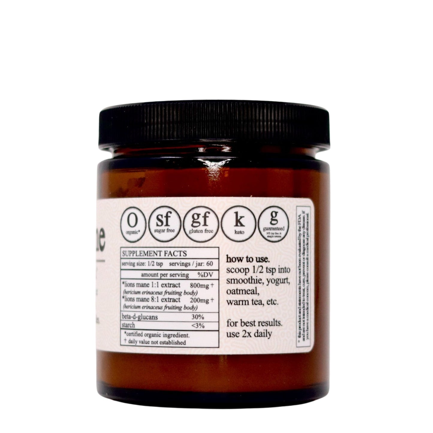 A brown glass jar with a black lid from Roots Apothecary displays supplement facts and dietary icons on its label. The organic lion's mane extract inside supports brain health. The jar is photographed against a white background.