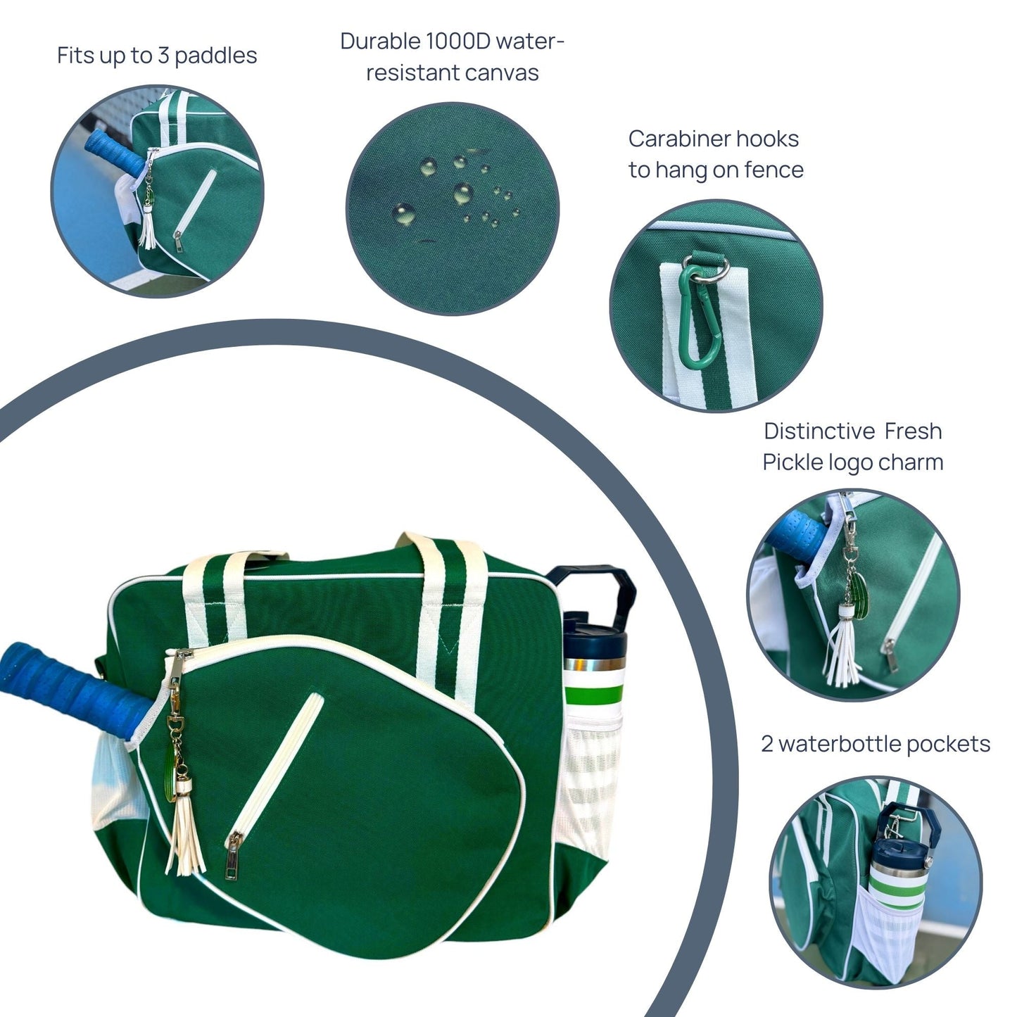 The Fresh Pickle Lola Pickleball Tote Bag in green and white features room for 3 paddles, water-resistant canvas, a carabiner hook, logo charm, and two water bottle pockets. Shown holding a water bottle and paddle.