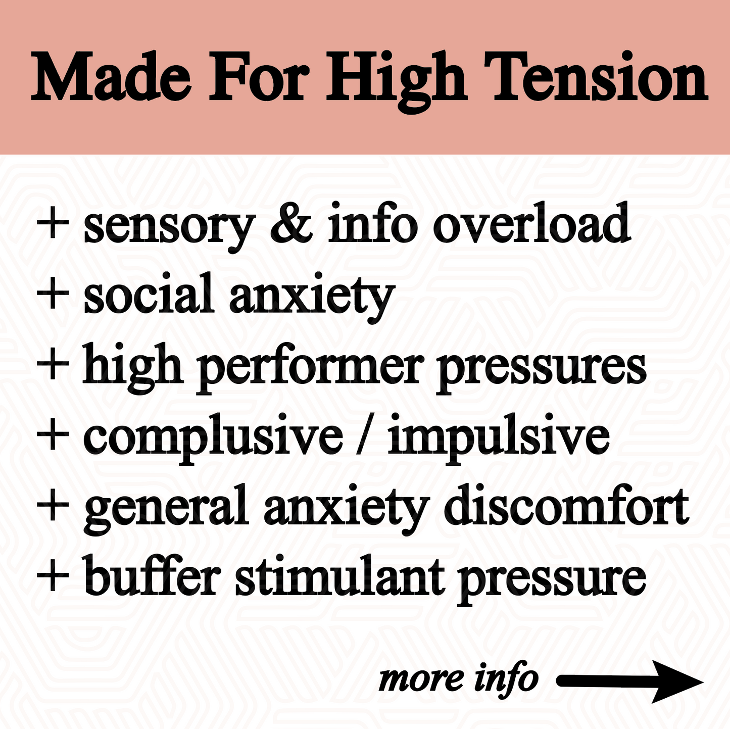 A graphic with a peach header reads "Made For High Tension" and lists anxiety support: sensory overload, social anxiety, high performer stress, adrenal balance, mental calm, impulsive urges. Anxiety tincture by Roots Apothecary. Learn more →.