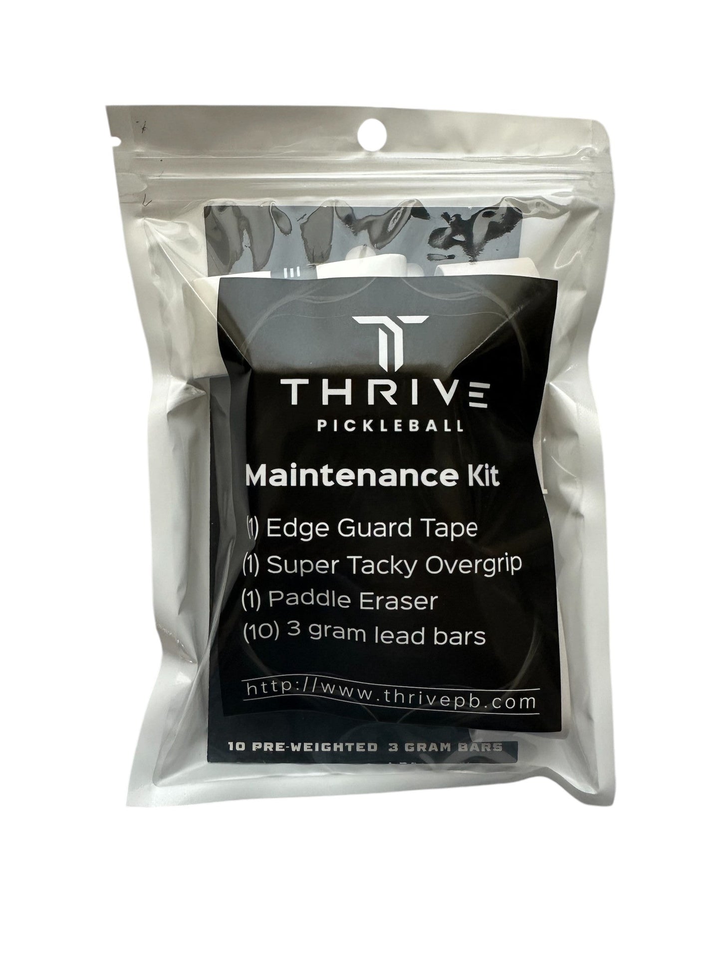 A clear-front pouch labeled Thrive Pickleball Maintenance Kit shows Edge Guard Tape, Paddle Eraser, tacky overgrip, and ten 3g lead bars. The black label displays the Thrive Pickleball logo and website.