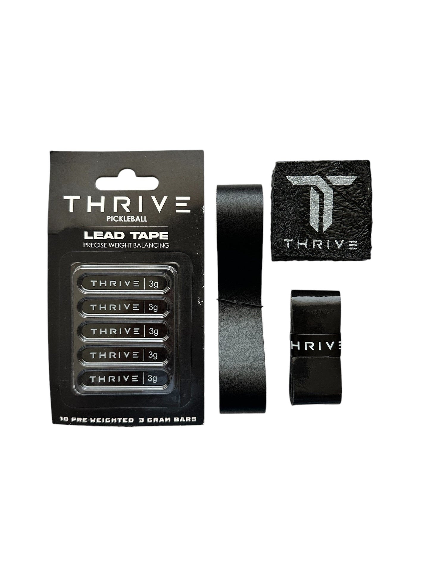 The image shows the Thrive Pickleball Maintenance Kit with 10 pre-weighted 3g bars, black tape strips, a square Paddle Eraser pad with a white "T" logo, and rolled Edge Guard Tape, all on a white background.