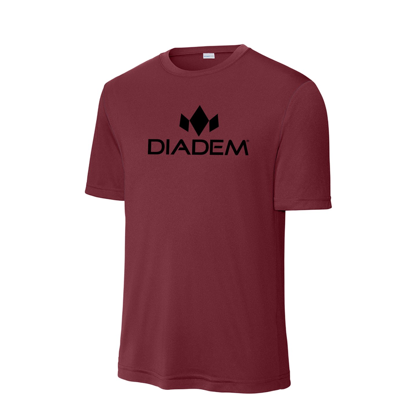 The Diadem Sports Drycore Logo T-Shirt is maroon with short sleeves, a crew neck, sweat-wicking polyester, and bold black "DIADEM" lettering under a crown logo centered on the chest against a plain white background.