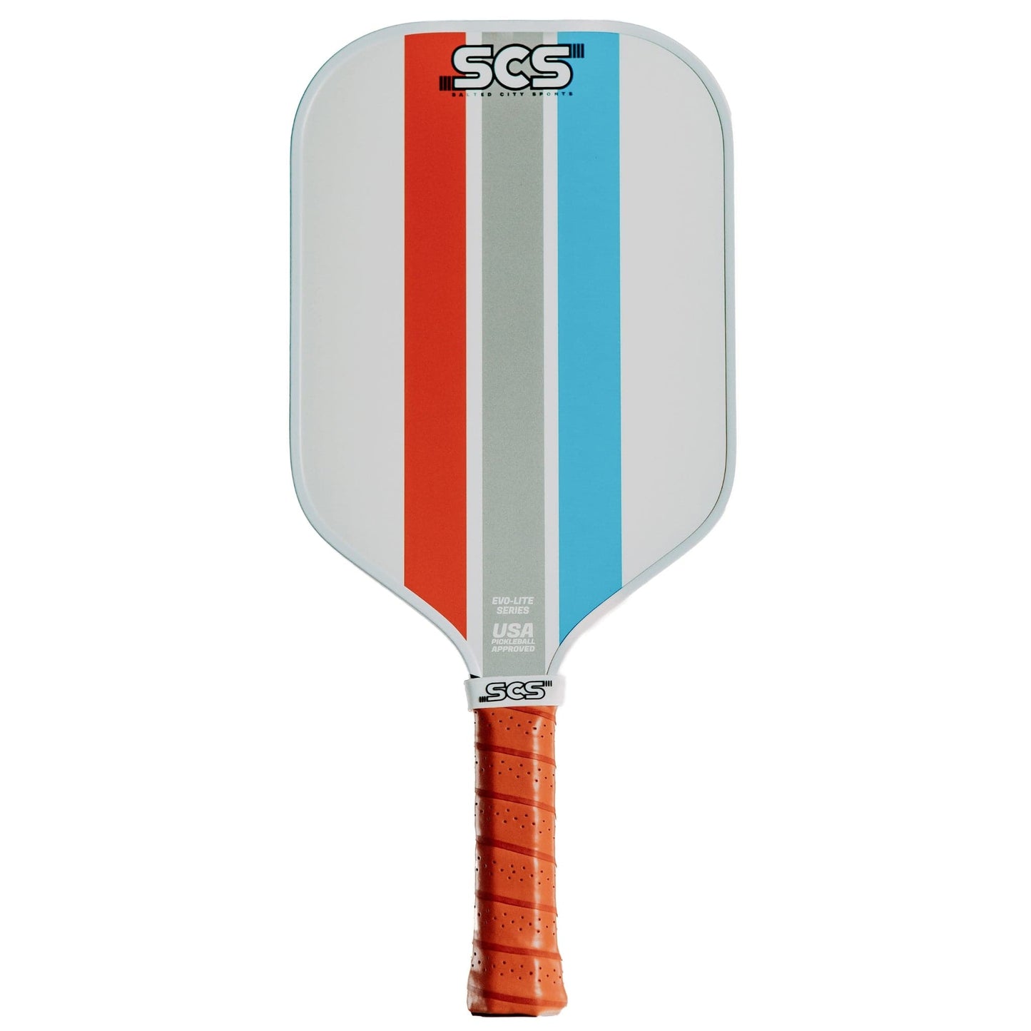 The Salted City Sports Mav | Evo-Lite Series pickleball paddle, USA Pickleball approved, features a white face with red, gray, and blue stripes, an orange grip, and a durable polypropylene core for high performance.