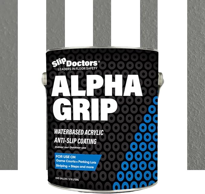 A one-gallon can of SlipDoctors Alpha Grip Non-Slip Stripe and Athletic Court Paint with a black and blue dotted design on gray, featuring three vertical white stripes. The label shows it’s ideal for game courts, parking lots, and steps.