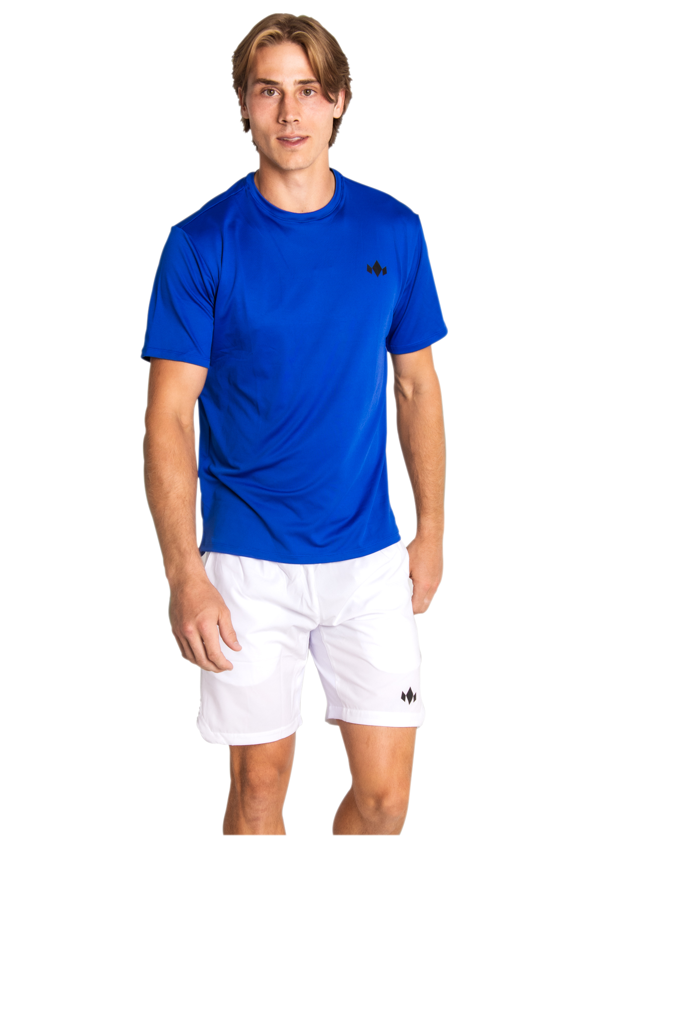 A young man with light brown hair wears Diadem Sports Men's Essential Crew Neck in bright blue and white sports shorts, both featuring a small black logo. He stands facing forward against a plain white background with a neutral, relaxed posture.