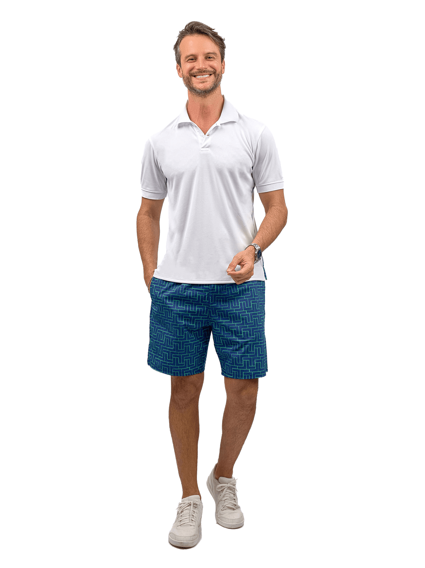 A man wearing an inPhorm NYC Men's Spin Polo shirt – a performance shirt for tennis and golf – paired with blue shorts.